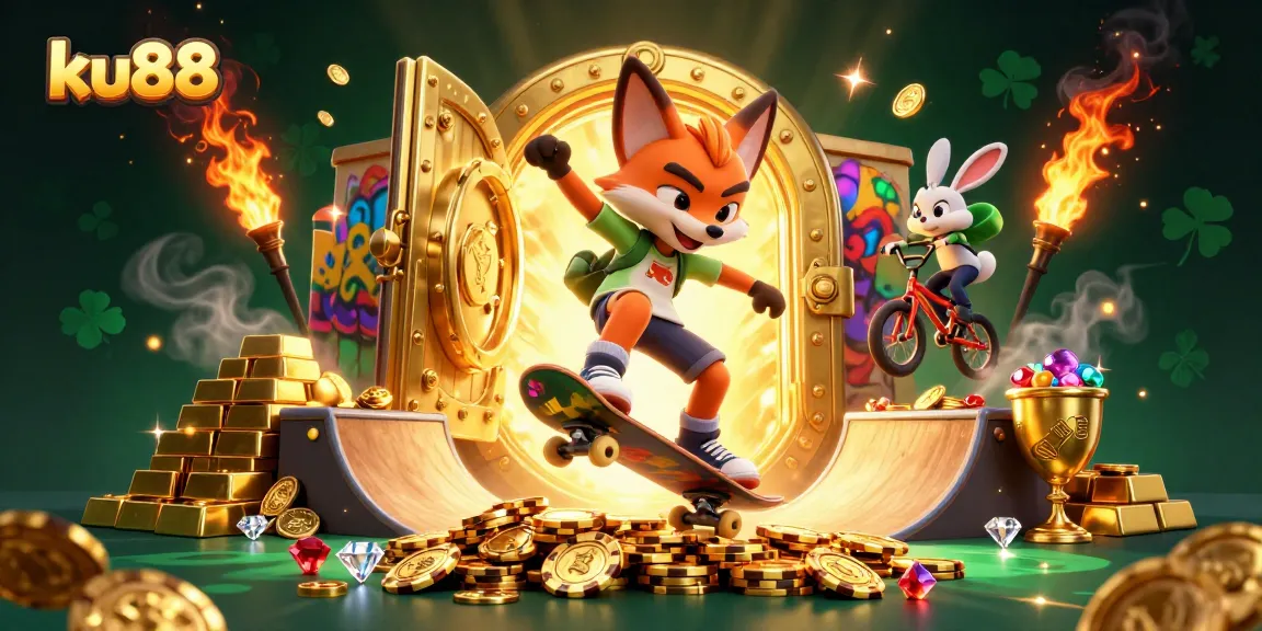 ku88 offers a thrilling casino adventure with vibrant 3D characters and gaming elements illustrating the excitement of online gambling.