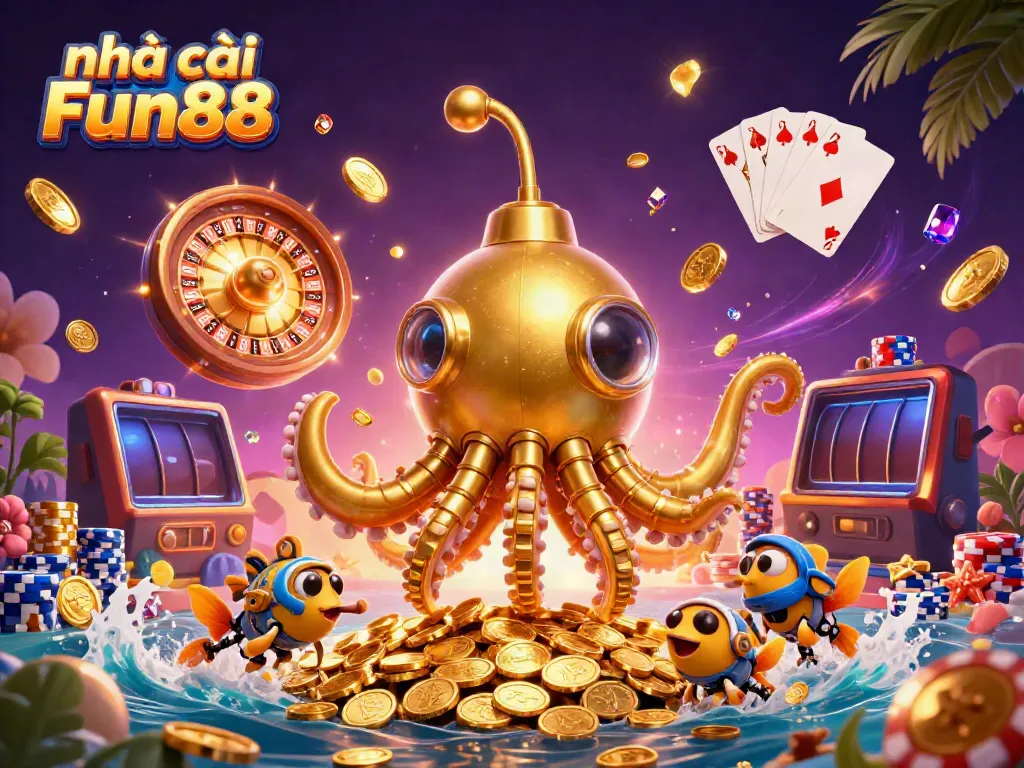 Experience the excitement of nhà cái Fun88 with a vibrant casino-themed illustration featuring a kraken submarine amidst gold coins.