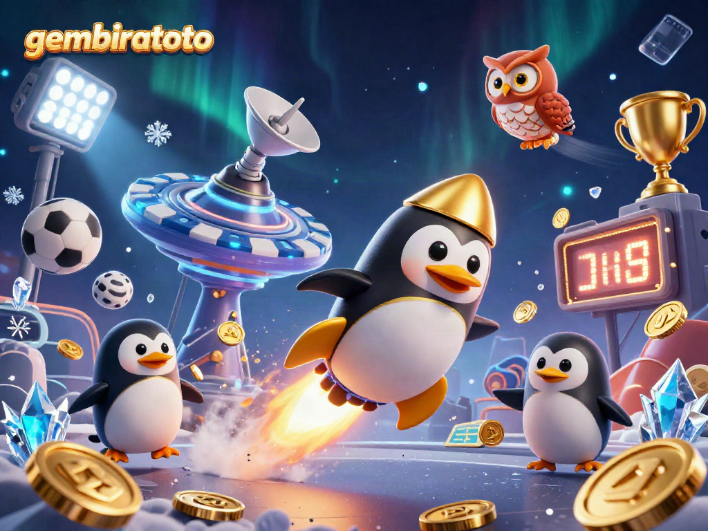 Gembiratoto menghadirkan penguin emas meledak kosmos dengan koin, menampilkan keseruan perjudian.