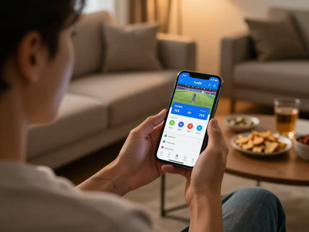Placing bets on Fun88 app with live sports odds displayed on smartphone in a cozy environment.
