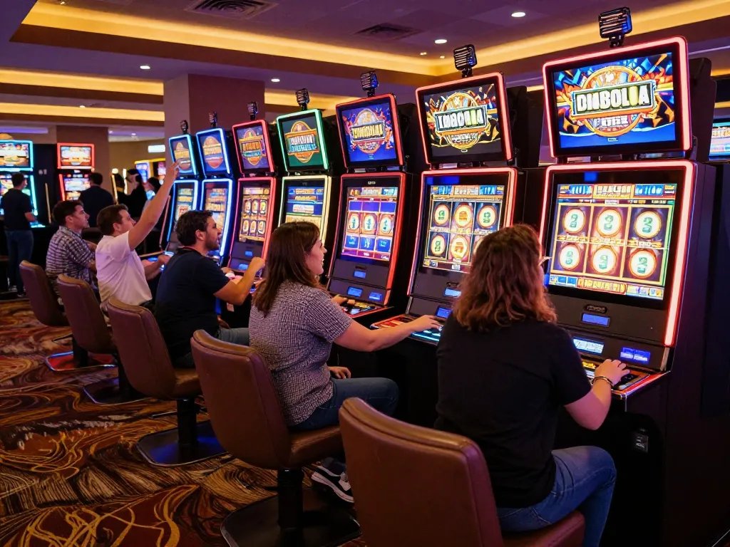 Exciting slot machine action with players celebrating wins in a colorful casino environment.