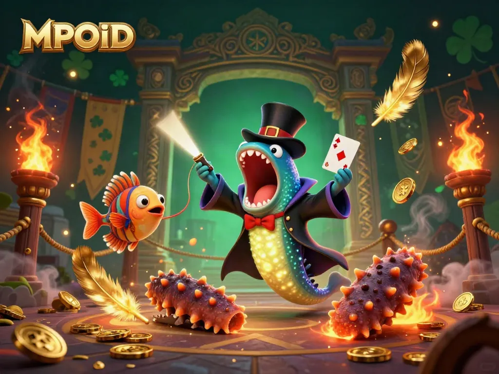MPOID showcases a whimsical gambling scene with a bioluminescent gulper eel magician performing tricks amidst a vibrant casino atmosphere.