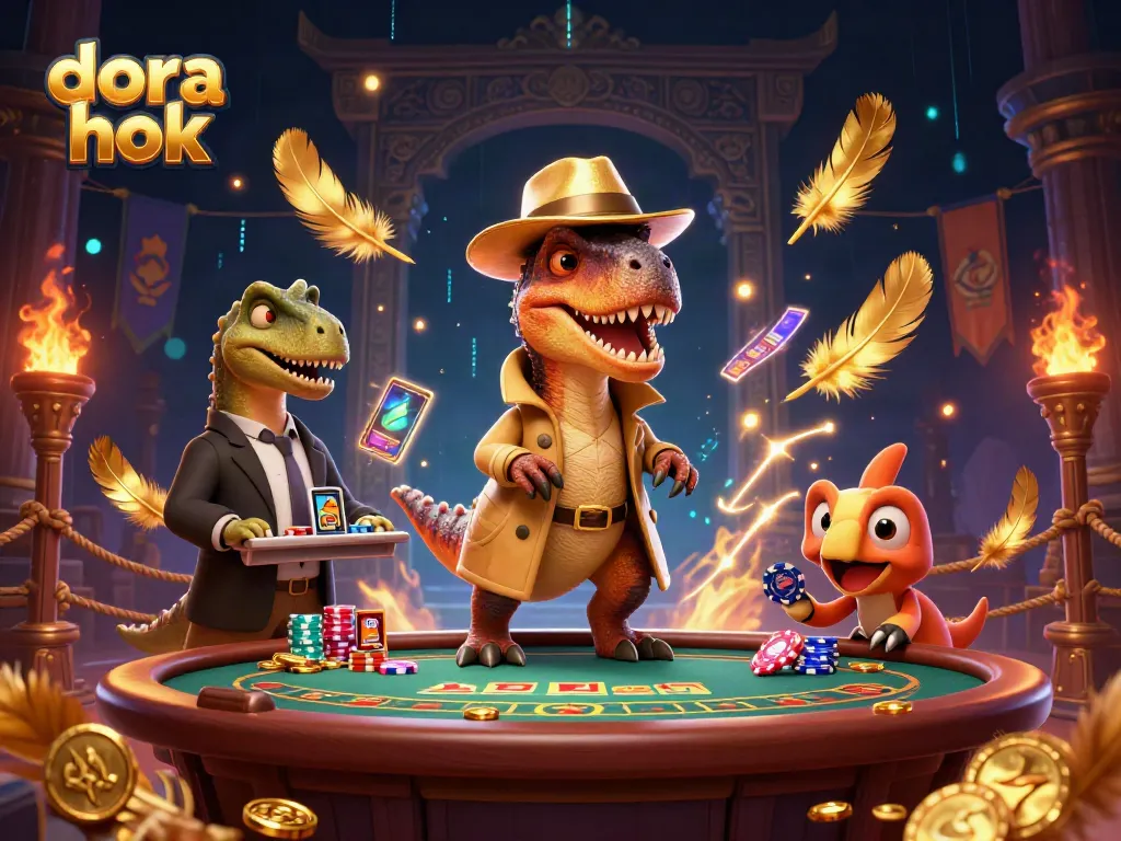 Dora hok beraksi di meja blackjack, mengambil chip dengan latar belakang atmosfer kasino yang penuh warna.