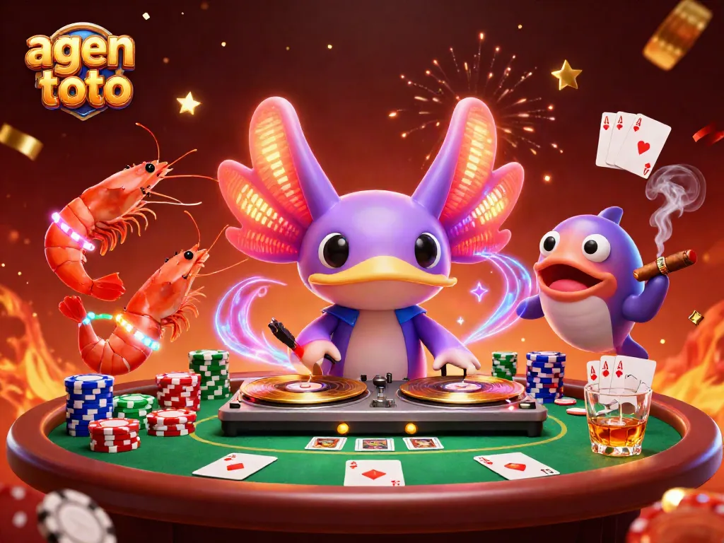 Menggandakan kesenangan agen toto dengan ilustrasi DJ axolotl neon dan kerumunan udang menari di kasino bawah laut.