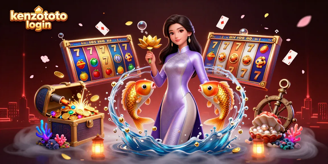 Exciting illustration of kenzototo login depicting a woman in ao dai with slot reels and lucky symbols.