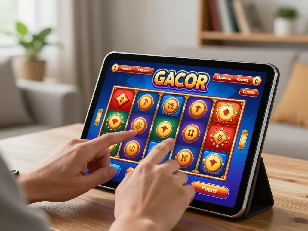 Engaging player enjoying a slot gacor game on tablet in modern living room.