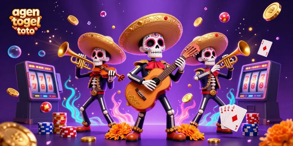 Gambarkan agen togel toto dalam suasana dinamis dengan band mariachi dan elemen permainan lotere yang menarik.