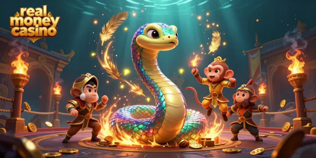 Experience the thrill of real money casino games with a vibrant 3D illustration featuring a rainbow serpent and monkey king.
