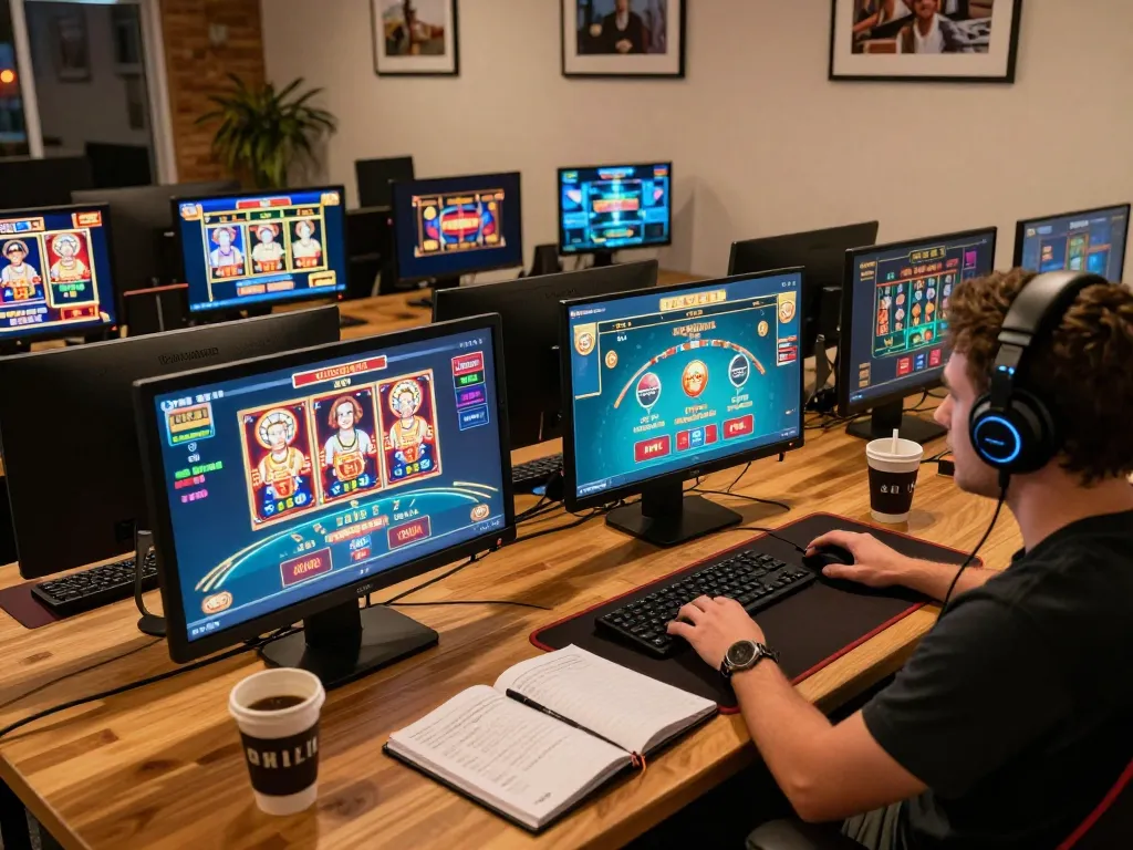 Ga28 player engaging with online casino games on multiple screens in a cozy home setup, showcasing strategic gameplay.