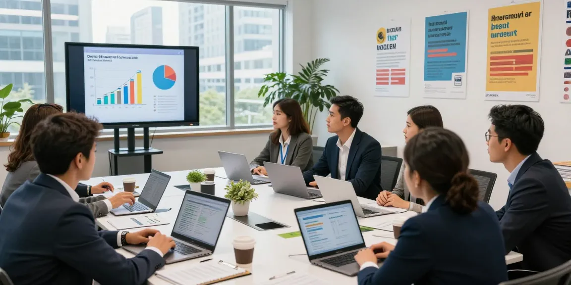 Business leaders discussing social impact investments at a modern conference table with data visuals, showcasing link slot.