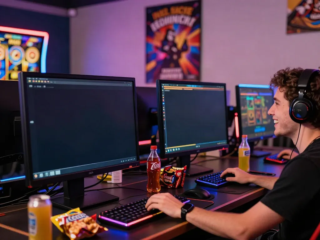Pengguna NAGAHOKI303 bermain slot online dengan penuh semangat di ruang gaming yang penuh warna.