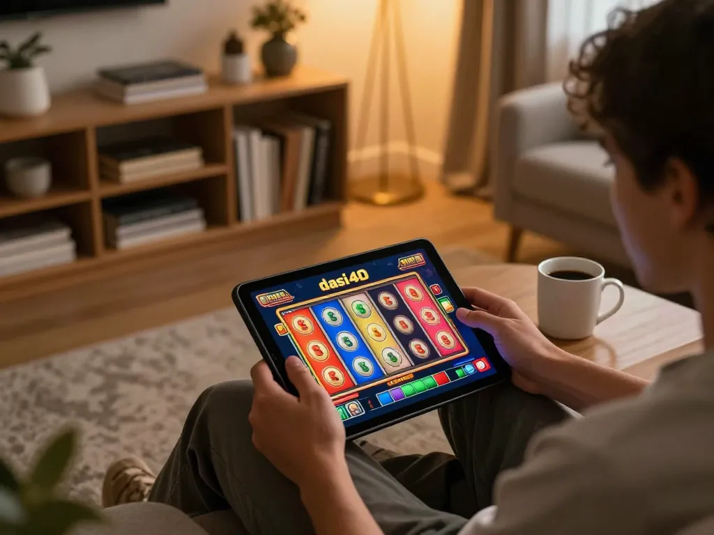 Gameplay menarik di slot dasi4d yang ditampilkan di tablet dalam pengaturan ruang tamu yang nyaman.