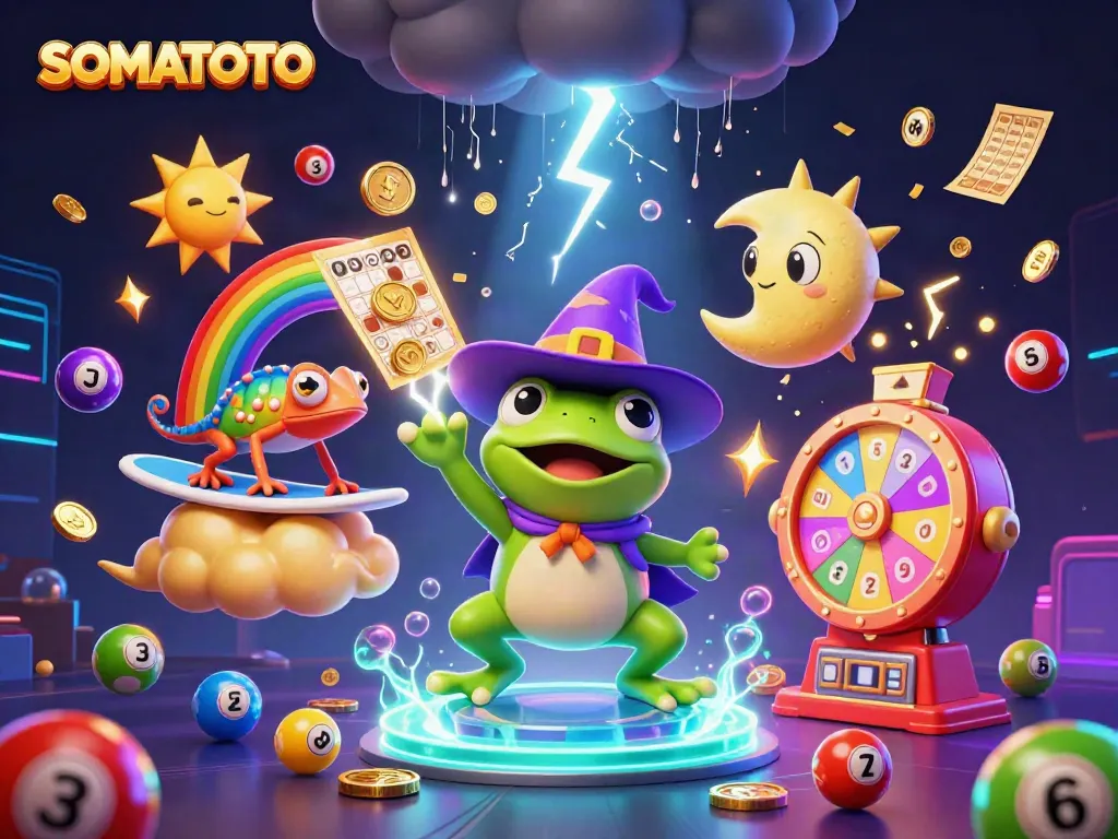 SOMATOTO features a whimsical storm of golden coins with vibrant characters in a dynamic gambling-themed illustration.