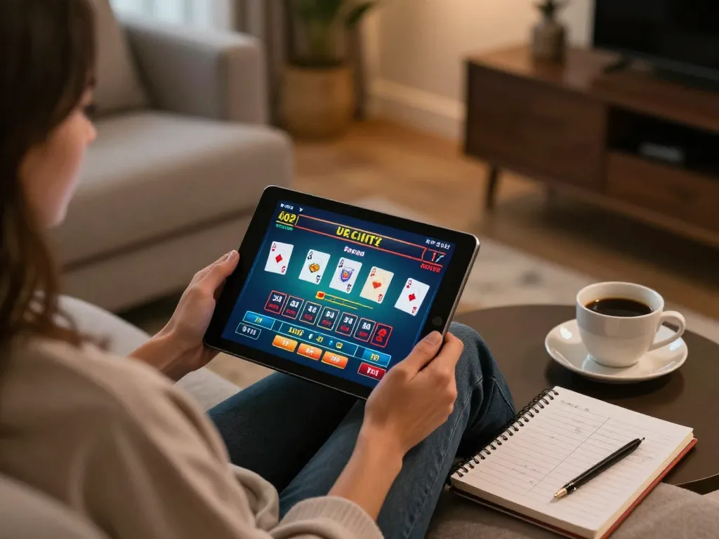 Engaged user playing lc88 blackjack on a tablet in a cozy living room setting.