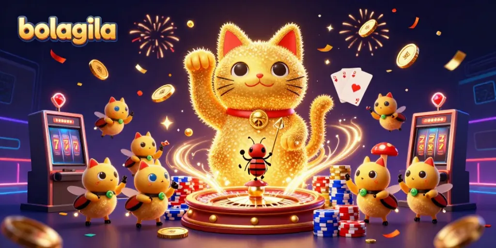 Gambarkan pengalaman bermain di bolagila dengan kucing keberuntungan dan simbol kasino yang meriah.