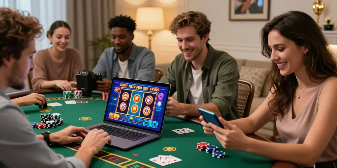 A lively online gaming scene with players enjoying tempo toto casino games on laptops and smartphones, surrounded by poker chips and vibrant graphics.