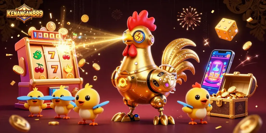 KENANGAN889 presents a colorful slot machine jackpot scene with a futuristic golden rooster robot.