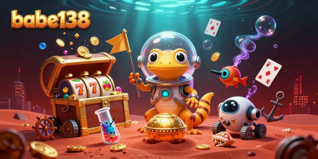Babe138 menghadirkan keseruan judi slot dengan karakter kartun gecko Martian dalam suasana kasino yang gemerlap.