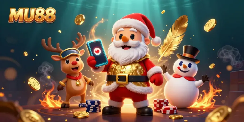 Experience the excitement of MU88 with a festive scene showcasing Santa and friends in a dynamic casino atmosphere.