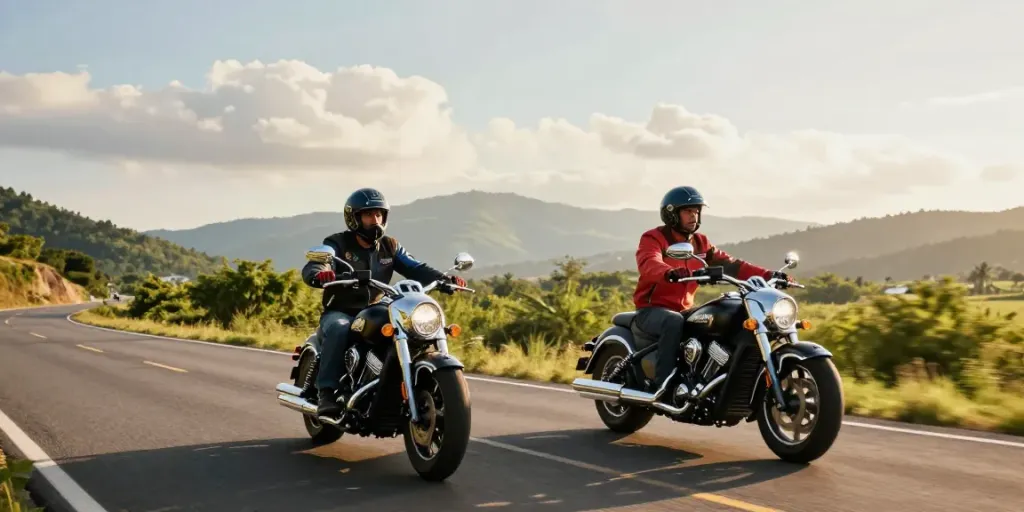 Two riders enjoying 2up india motorcycle adventure during golden hour.