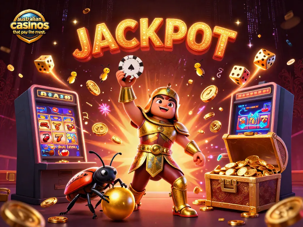 Showcasing excitement at australian casinos that pay the most, featuring a triumphant beetle with gaming elements