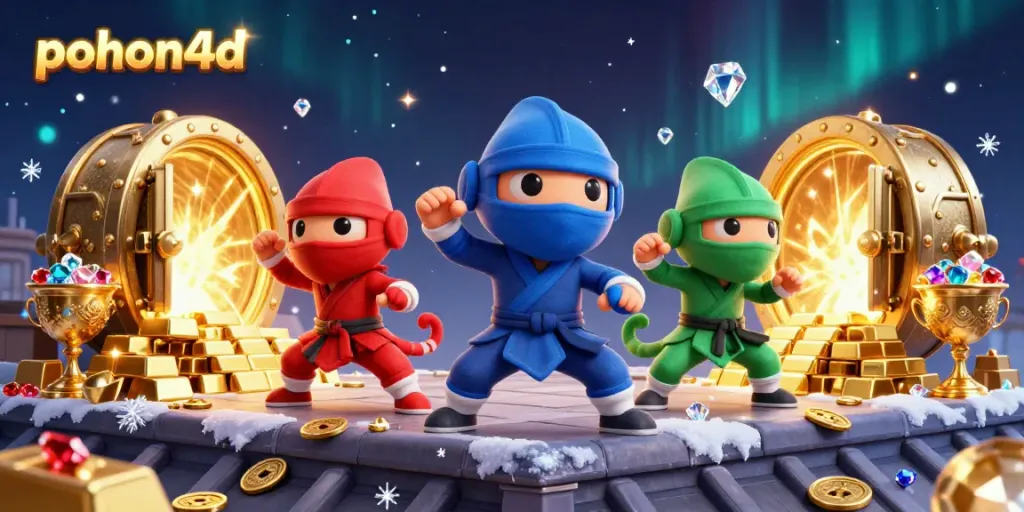 Pohon4D's ninja chameleons perform martial arts among treasures and gems, embodying the casino spirit.