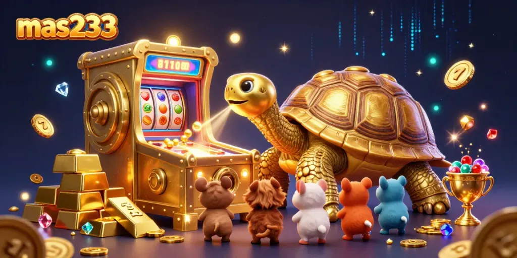 Gambarkan keseruan bermain slot di mas233 dengan penyu emas dan harta judi berlimpah.