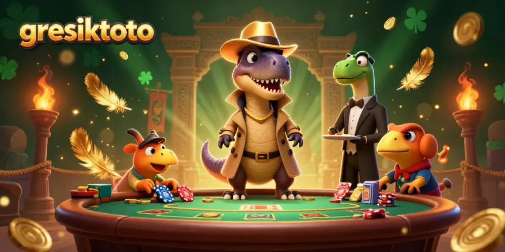Gresiktoto menampilkan velociraptor di meja blackjack dengan suasana kasino yang ramai.