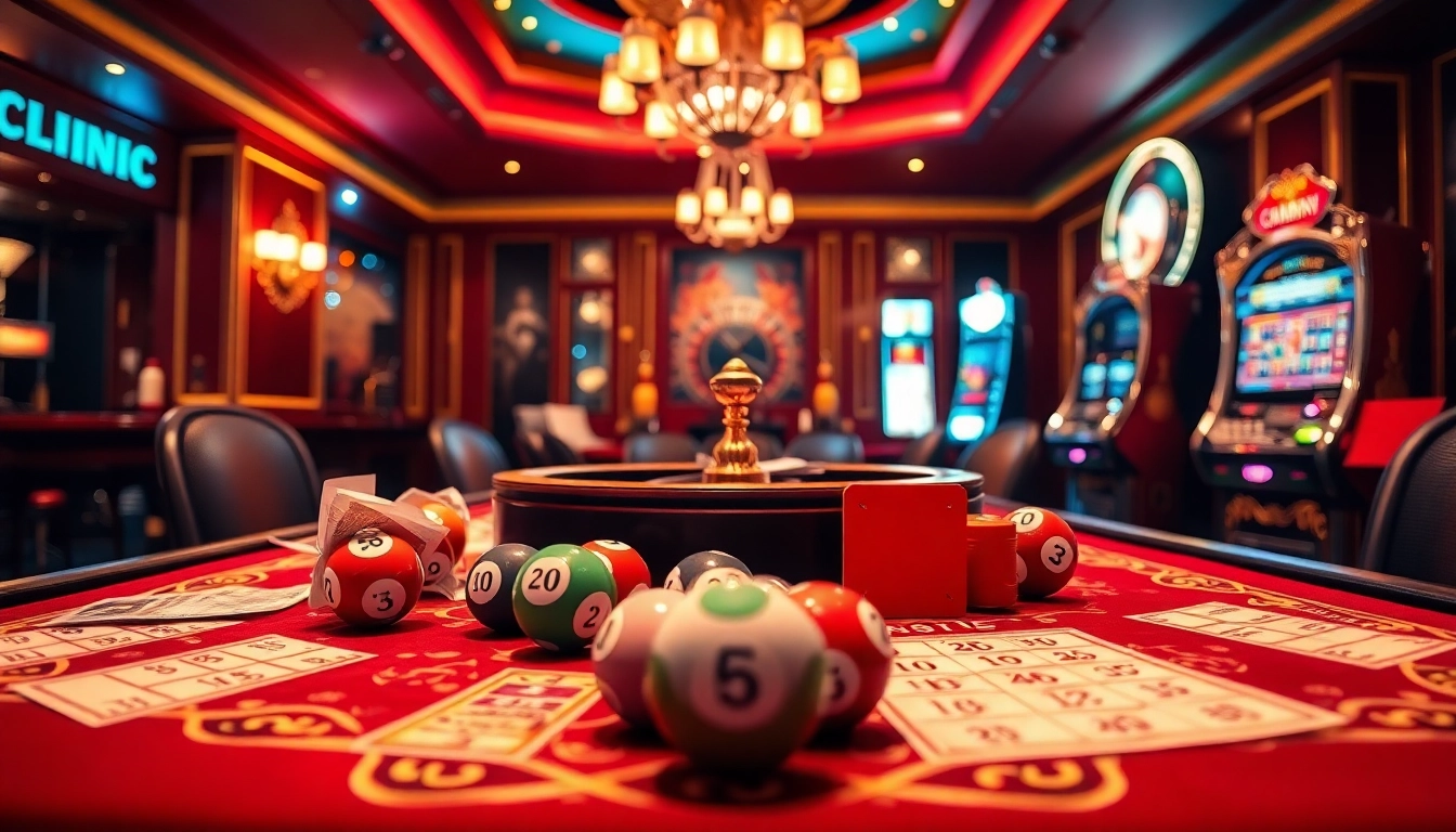 Kết quả xổ số hôm nay showcased in an upscale casino setting, featuring lottery balls and betting slips.