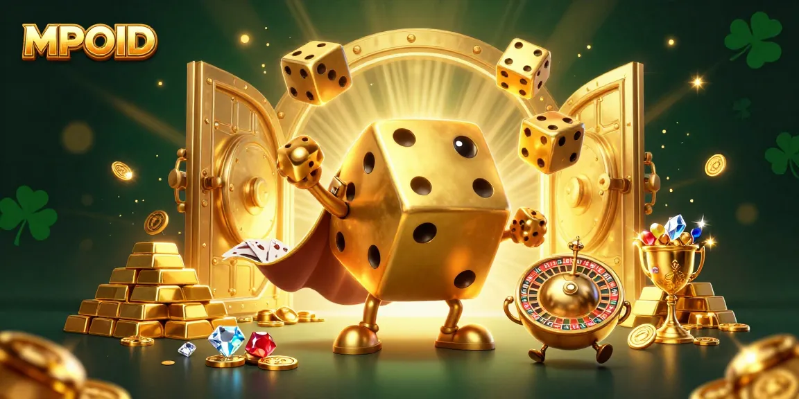 Engage in game excitement with MPOID’s vibrant golden dice and dazzling treasure elements in a casino theme.