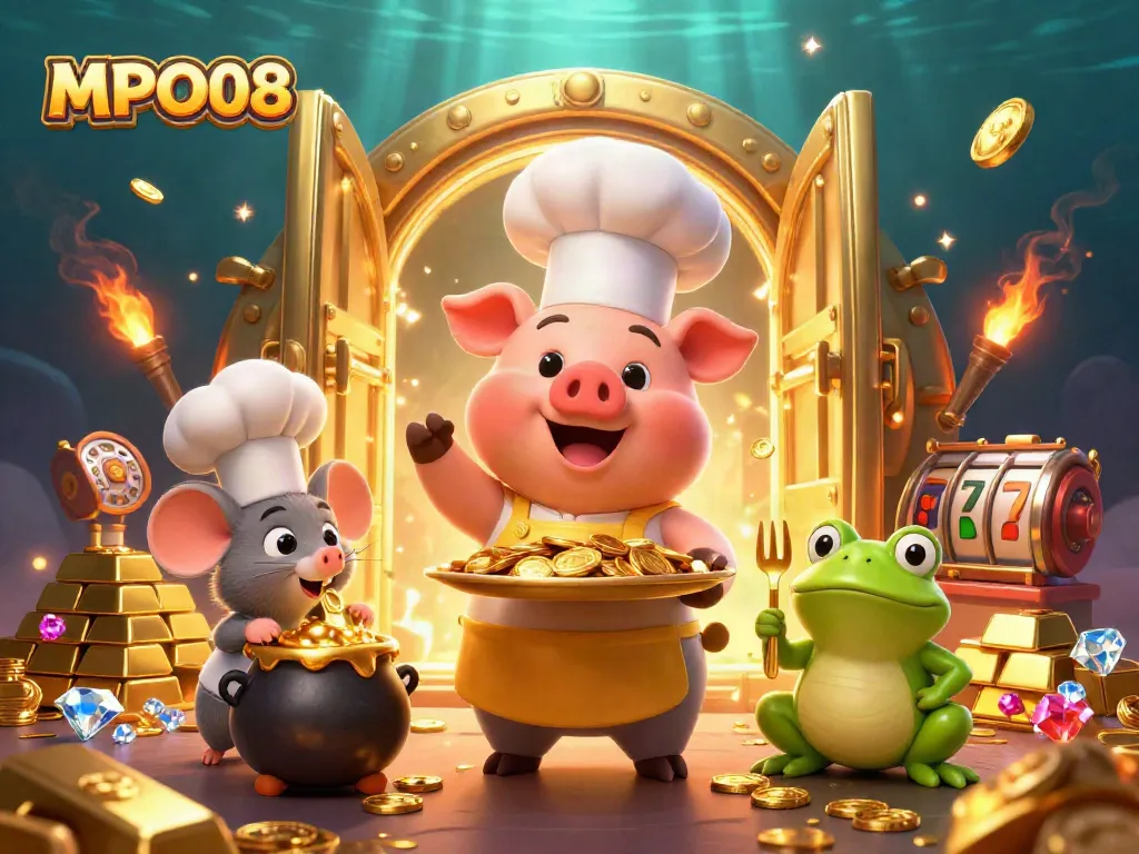 Experience MPO08 at a vibrant online casino, showcasing lively gaming elements and golden treasures.