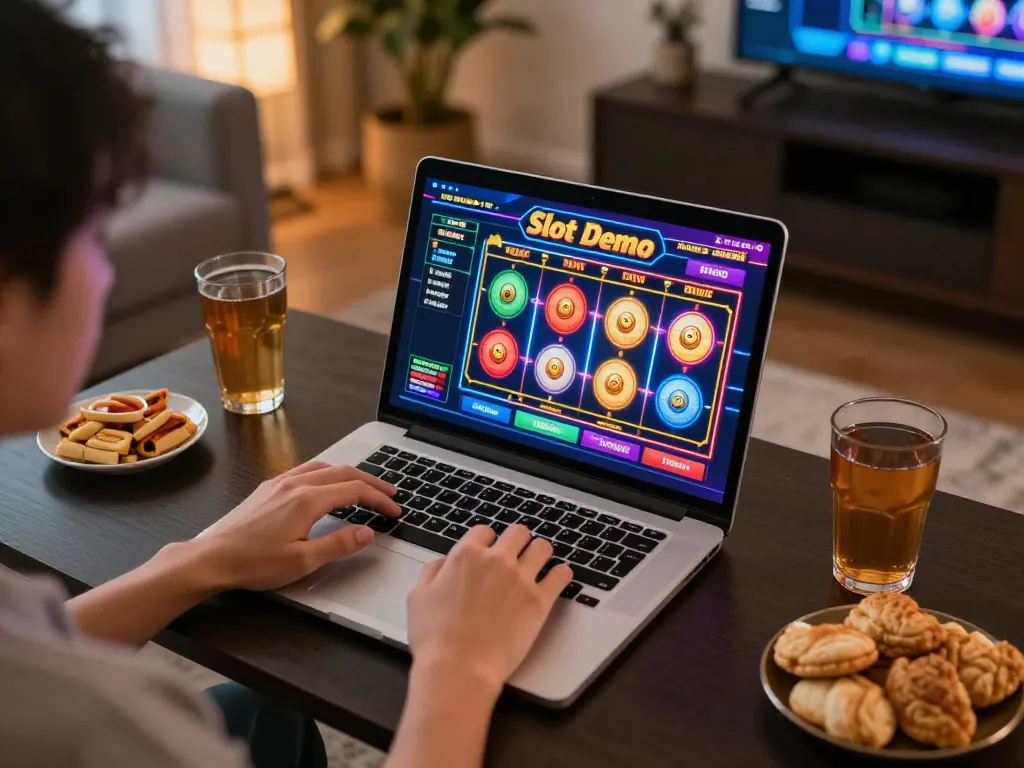 Engaging in Slot Demo gameplay on laptop with colorful reels and snacks around