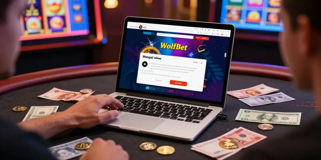 Player enjoying the Wolfbet Bonus Page on a laptop amidst cryptocurrency, illustrating an exciting online casino environment.