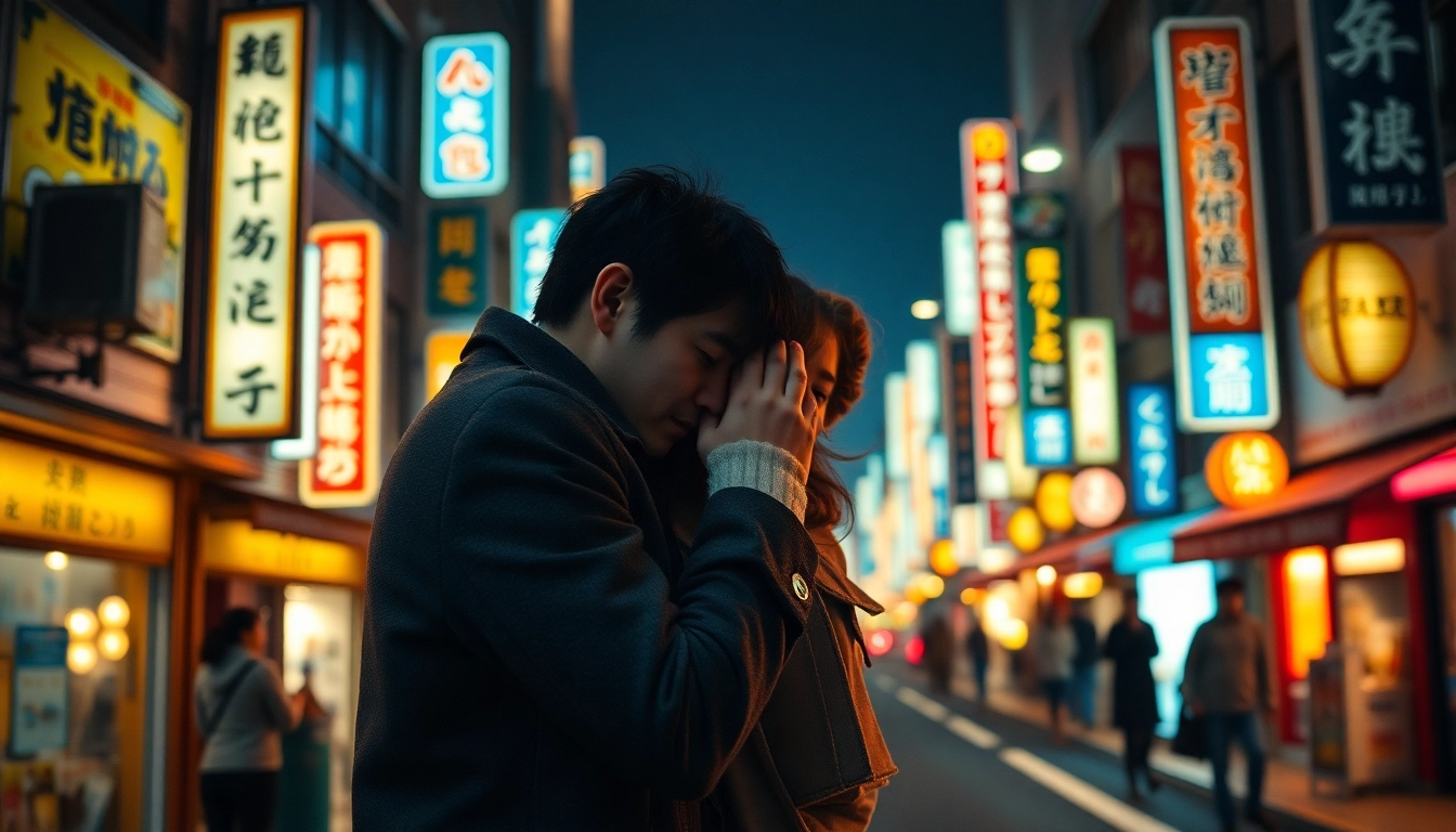 Film semi jepang menampilkan dua aktor dalam pelukan romantis di tengah gemerlap malam kota Jepang.