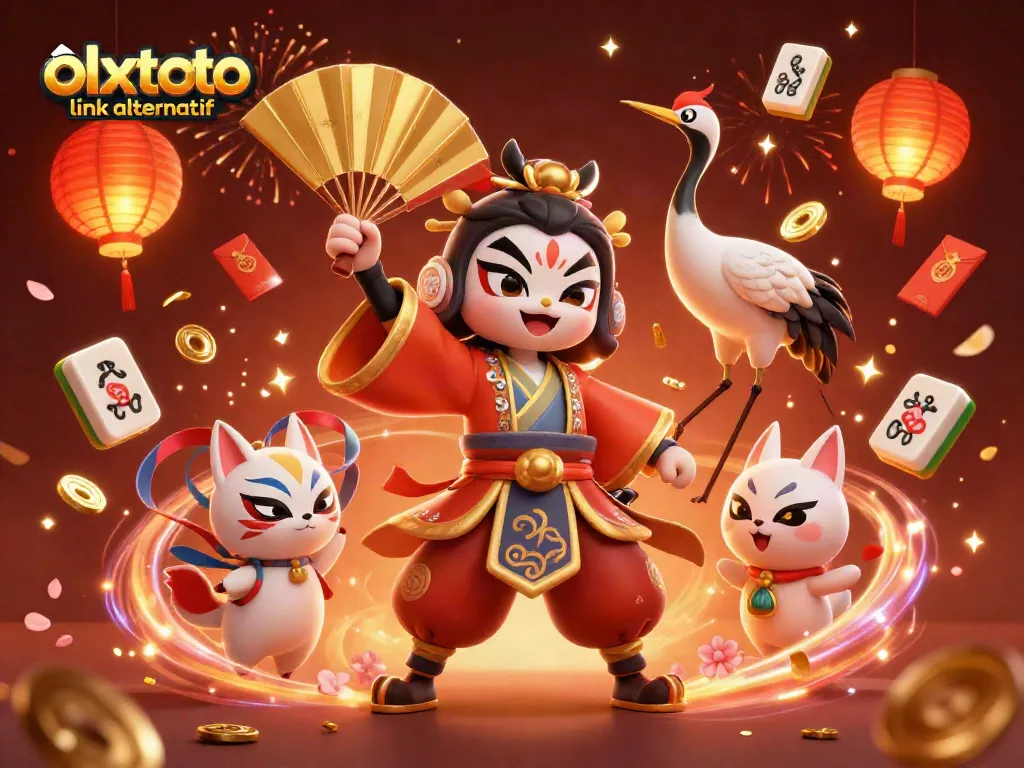 Engage with the vibrant world of OLXTOTO link alternatif, featuring a festive 3D scene with kabuki characters and casino elements.