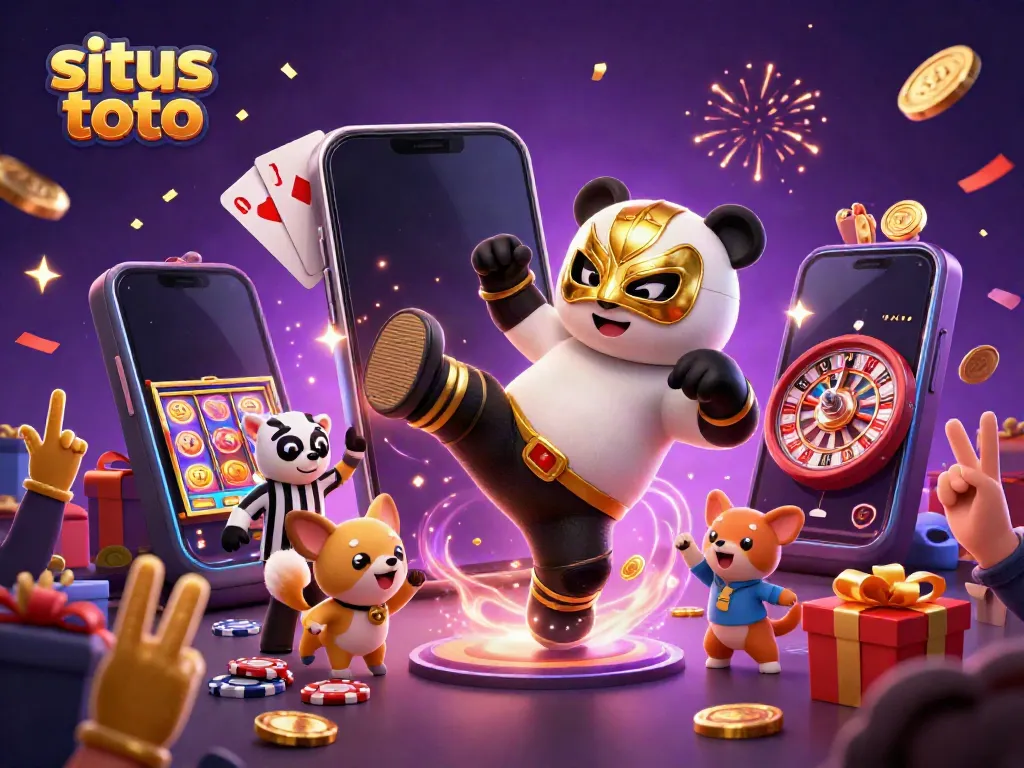 Experience excitement with situs toto featuring a professional wrestler panda and lively animal crowd celebrating a slot game win.