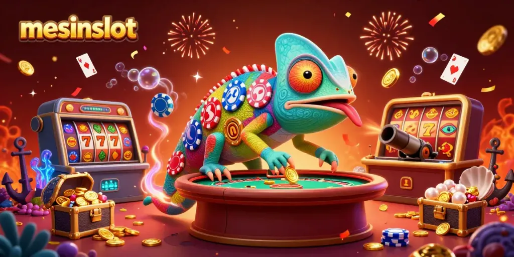 Experience vibrant action with mesinslot's 3D chameleon casino owner amidst exploding slot reels and treasure.