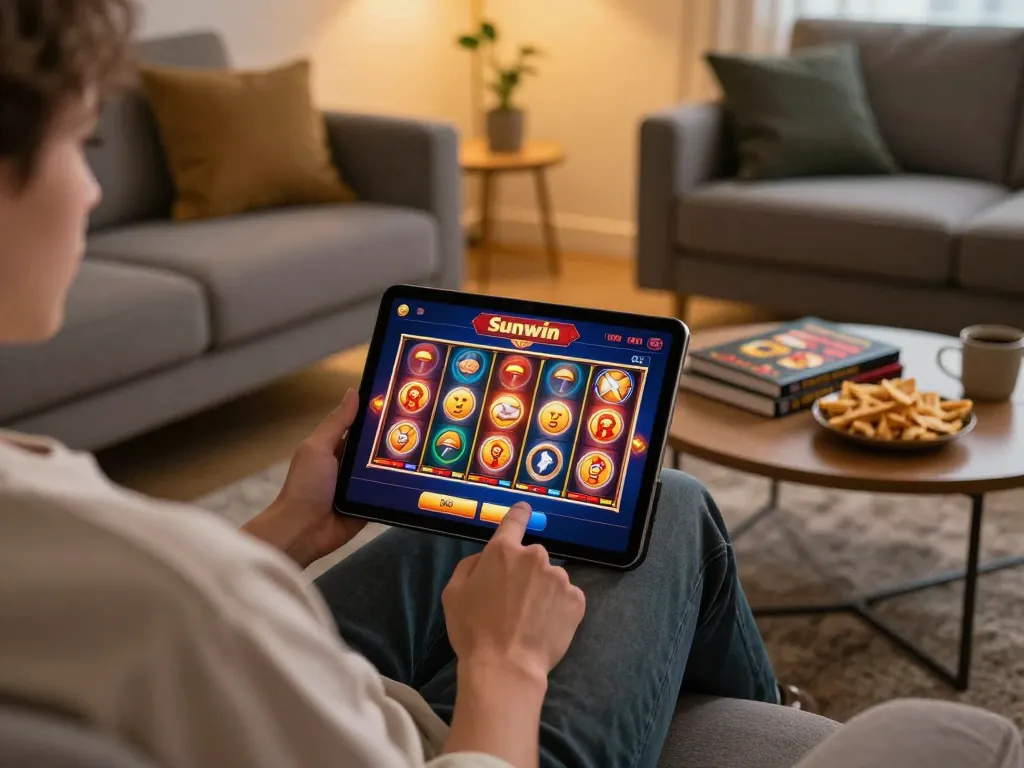 Person playing Sunwin online casino app on a tablet with lively slot reels spinning in a cozy environment.