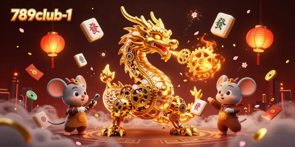 Engage in thrilling gameplay at 789club-1 with a dynamic 3D illustration featuring a golden dragon surrounded by vibrant casino elements.