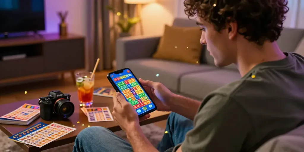 Pengguna natunatoto bermain togel online di ruang tamu modern, dikelilingi tiket togel dan dekorasi meriah.