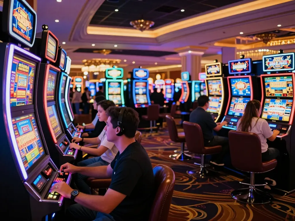 Experience the thrill of 90P gameplay on vibrant slot machines in a Las Vegas casino at night.