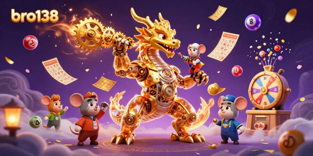 Engage in exciting gaming with bro138, showcasing a dragon, lottery balls, and vibrant casino elements.
