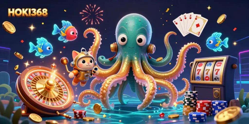 Experience thrilling slots at HOKI368 with a vibrant gaming environment featuring a kraken, diving cat, and treasure.