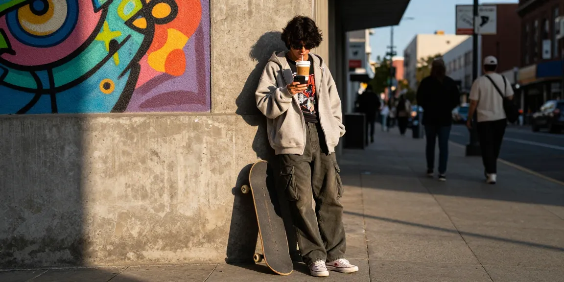 Stylish urban individual wearing bro138-inspired streetwear, leaning against a graffiti wall with a skateboard.