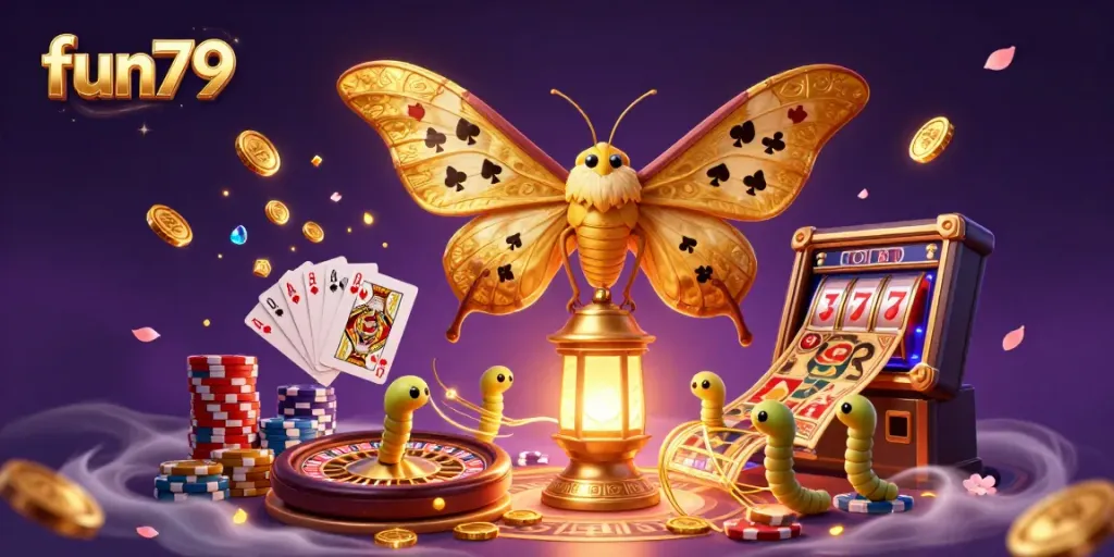 Experience fun79's vibrant gambling atmosphere with a majestic atlas moth and dynamic casino elements.
