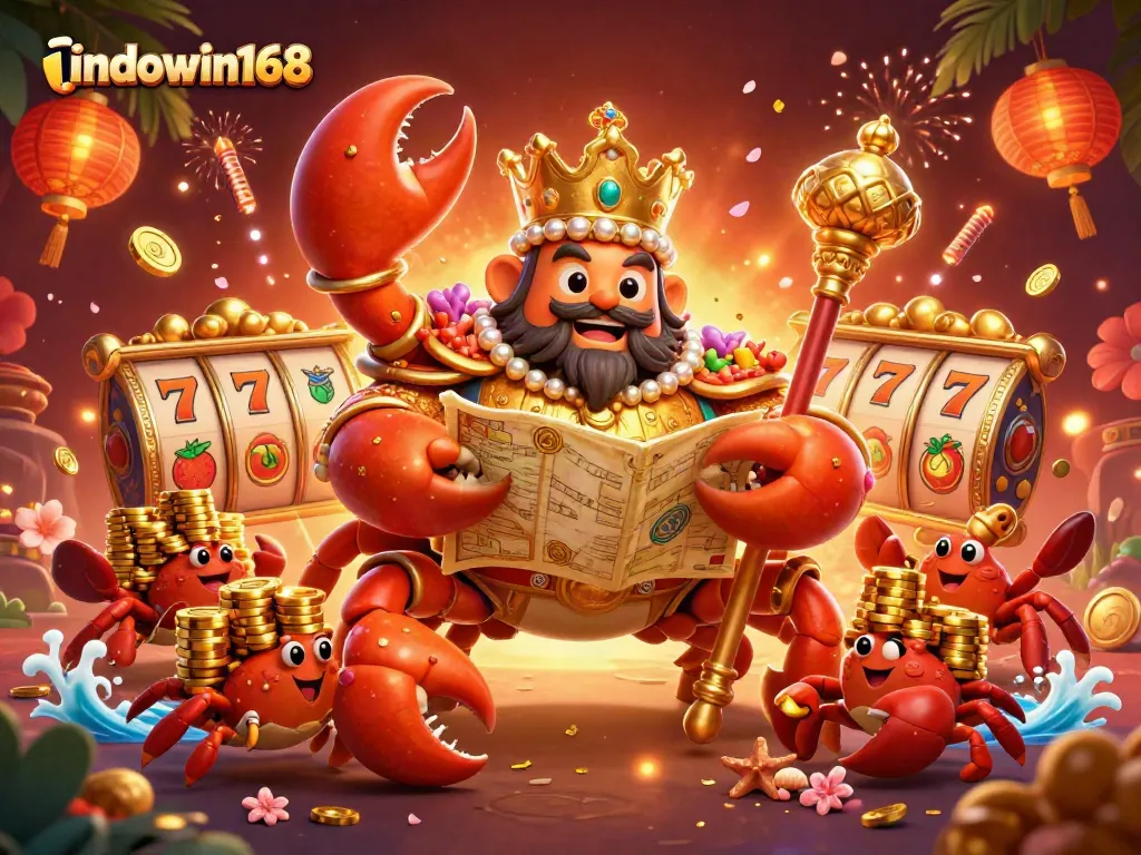 Engage in thrilling gameplay with indowin168, where a golden crab emperor rules over a vibrant casino adventure.