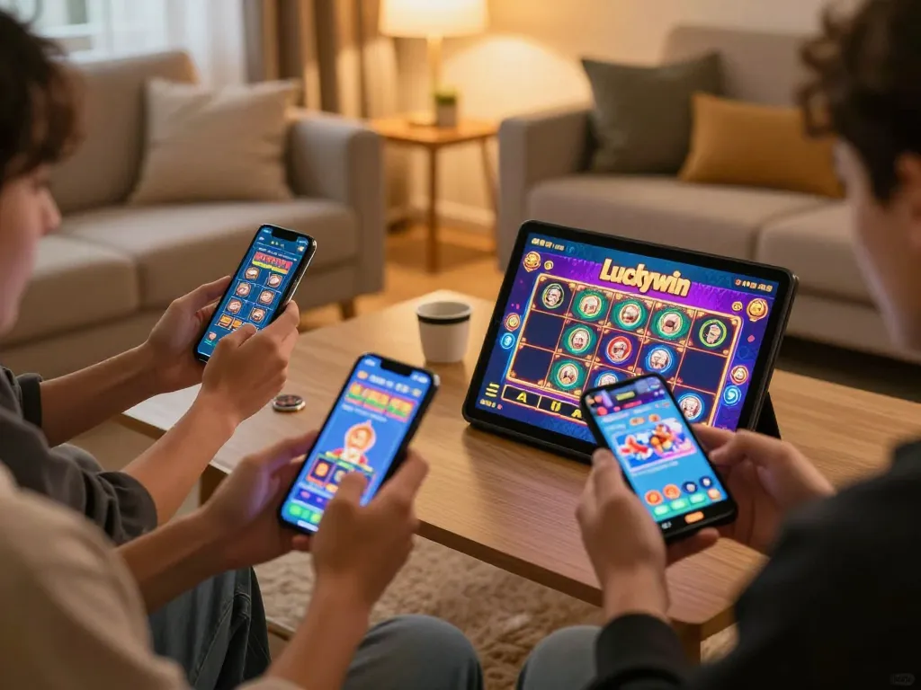 Engaging online experience of Đăng nhập Luckywin with users checking gameplay on mobile devices.