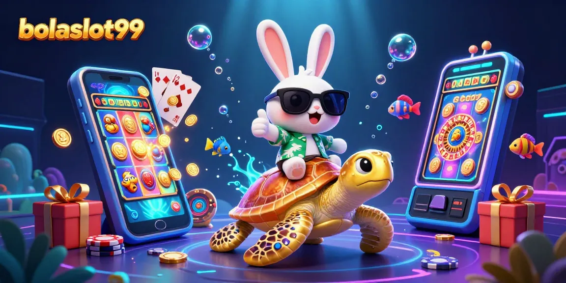 Experience vibrant slot gaming fun with bolaslot99 and lucky rabbit riding a sea turtle.