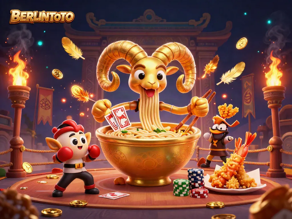 Experience the vibrant BERLINTOTO gaming universe featuring a whimsical ramen bowl dealer with golden chips and engaging characters.