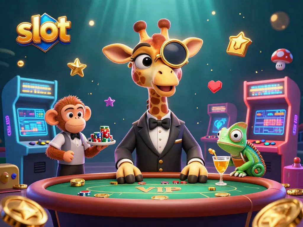 Spin the slot reels in a vibrant casino scene featuring a high-roller giraffe and a chameleon bartender.